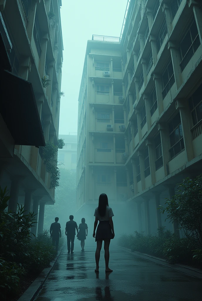 A student dormitory with a mix of modern and traditional Thai architectural elements. The atmosphere is slightly eerie, with dense, misty surroundings. New students arrive, and one student, Narin "Nara," stands at the entrance of Dormitory 7, looking up with curiosity and apprehension. In the background, shadowy figures of other students whisper among themselves.
