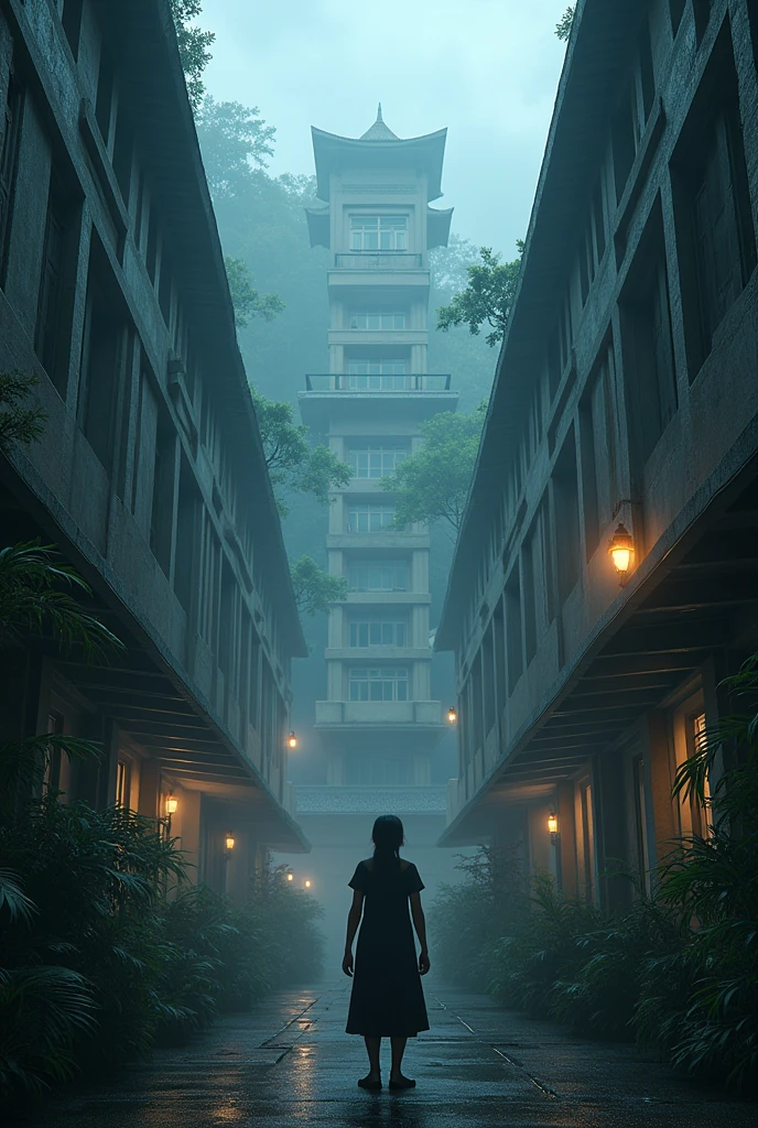 A student dormitory with a mix of modern and traditional Thai architectural elements. The atmosphere is slightly eerie, with dense, misty surroundings. New students arrive, and one student, Narin "Nara," stands at the entrance of Dormitory 7, looking up with curiosity and apprehension. In the background, shadowy figures of other students whisper among themselves.