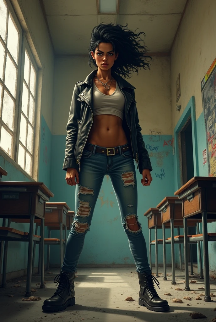 tanned latin woman, gang member, mal en point dans une école.