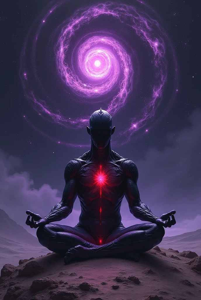 Create a highly detailed and atmospheric digital painting of a cosmic dark entity meditating in a lotus position on the surface of a barren planet. The entity has a shadowy, featureless face and a muscular humanoid body covered in dark organic tendrils that appear to flow and twist around it.. A bright red crystal is embedded in his chest, pulsating with dark energy. Above the head of the entity, A spinning purple and black cosmic vortex with a glowing mystical orb at its center radiates power, Shedding an ethereal light. The background features a vast star-filled galaxy with purple nebulas and distant cosmic phenomena., creating a sense of infinite space and power. The lighting is dark and sinister, and the main sources of light are the glowing red crystal and the mystical orb. The overall color palette is dominated by deep purples., black and touches of red, evoking a sense of cosmic mystery and power.