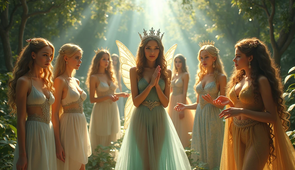 "A full-body shot of a realistic fairytale scene in a magical palace in a beautiful magical forrest, bathed in sunlighting."Beautiful pastel colour pallette." "A fairy queen 1 with realistic striking big blue eyes with eye makeup and a serious, direct gaze at the camera with golden extra long hair." " A Fairy queen 2 with golden-brown long curly hair in a thin light blue dress is standing by clapping her hands, looking at fairy queen1 smiling with her perfect shaped pearly white teeth and pursed lips". "Singing fairy princess with a long white hair in a sheer golden wet transparent dress outfit, big breasts, thin waist, big butt, looks provocative with her mouth almost sedusive at fairy queen 2 laughing." Fairy queen 4"((doing hand stand ))with both hands on floor, wearing a thin blue/green dress" "Her gold delicade fairy-crown, is hanging by the ends of her hair""The lighting is natural and bright, highlighting their features and casting a soft glow around their hair, creating a high-contrast effect that emphasizes the subject's presence. " "Elf king is sitting on a royal chair in a elfie chlothes." "A white rapid sits in on a decorative dining table1:1" "while a rainbow colored bird perches on the top of the thin royal thrown". The scene includes a messy fairy queens in a beautiful and magical forrest palace. "The vast environment paints a magical but weird admosphere". # Configuration settings clip_guidance_scale = 20 # High adherence to the detailed prompt, emphasizing facial features hr_scale = 2.0 # High resolution to capture intricate details in the hair and face. hr scale =2.0 # Perfect human female body. Best hands 1:1, super realistic hair 1:1, hyper realistic eyes 1:1, extra detailed delicate moist skin, most detaled and realistic face 1:1. #A realistic stage with thorough details and clear focus on the queens.