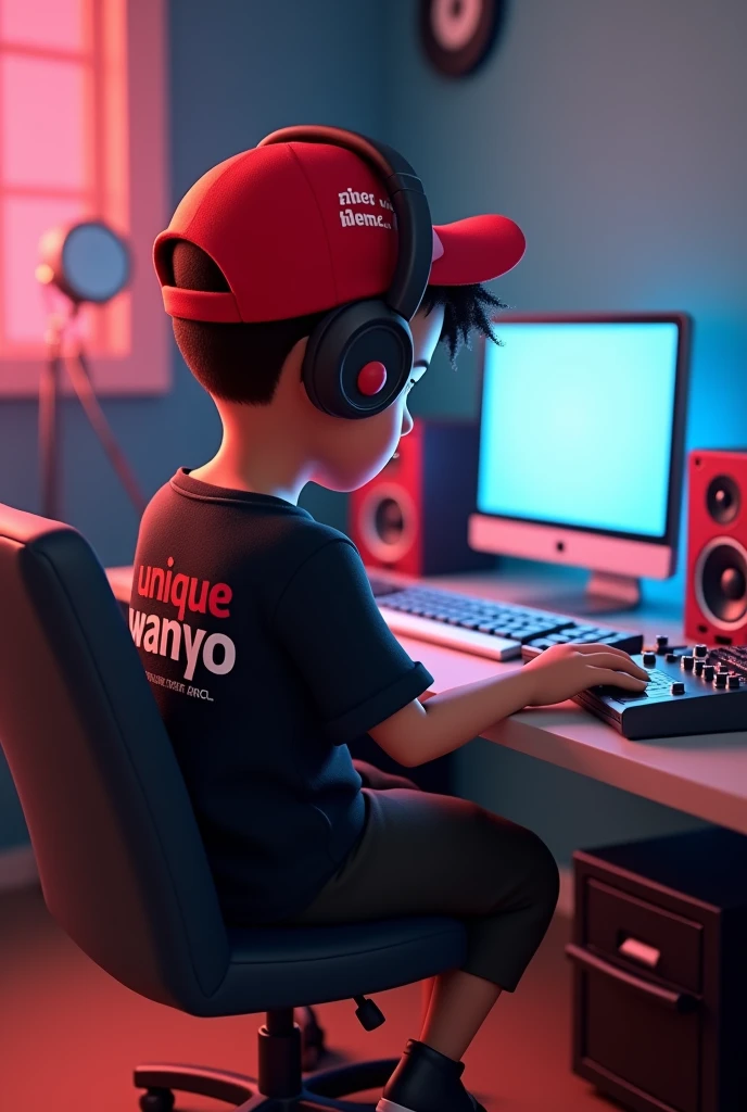A young age 3d cartoon boy sitting down sideways facing his computer in his studio wearing a black shirt with a name written on his shirt written Unique Wanyo and a red heat with a headphone and a scarlet microphone and on his hat with a name written One Street Vibez Music 