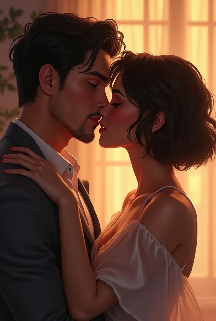 A beautiful girl with short hair kisses a handsome guy with black hair and no beard.