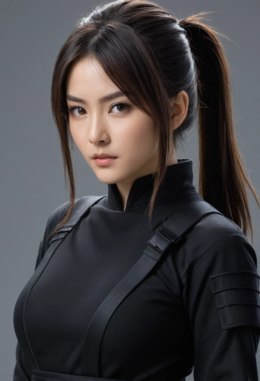 A ninja girl, in black clothes, with medium breasts and beautiful hairstyles, in movie styles