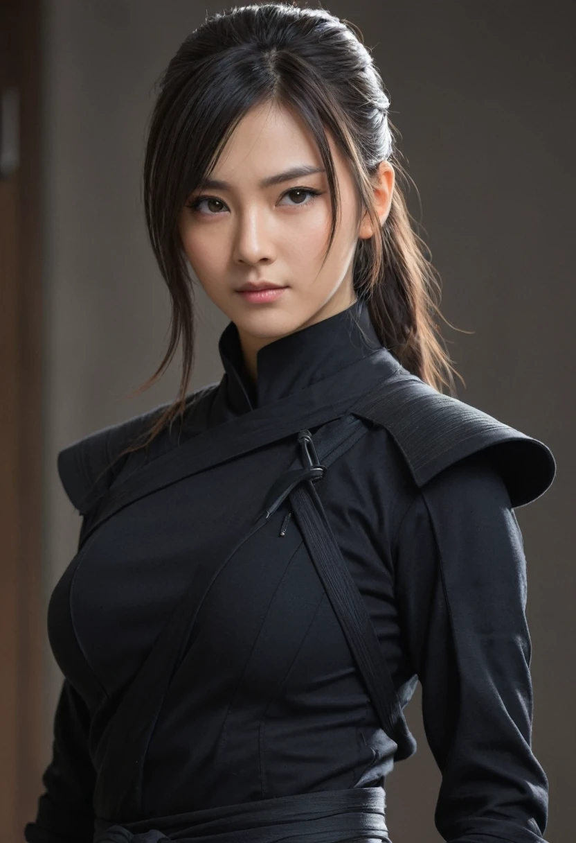 A ninja girl, in black clothes, with medium breasts and beautiful hairstyles, in movie styles