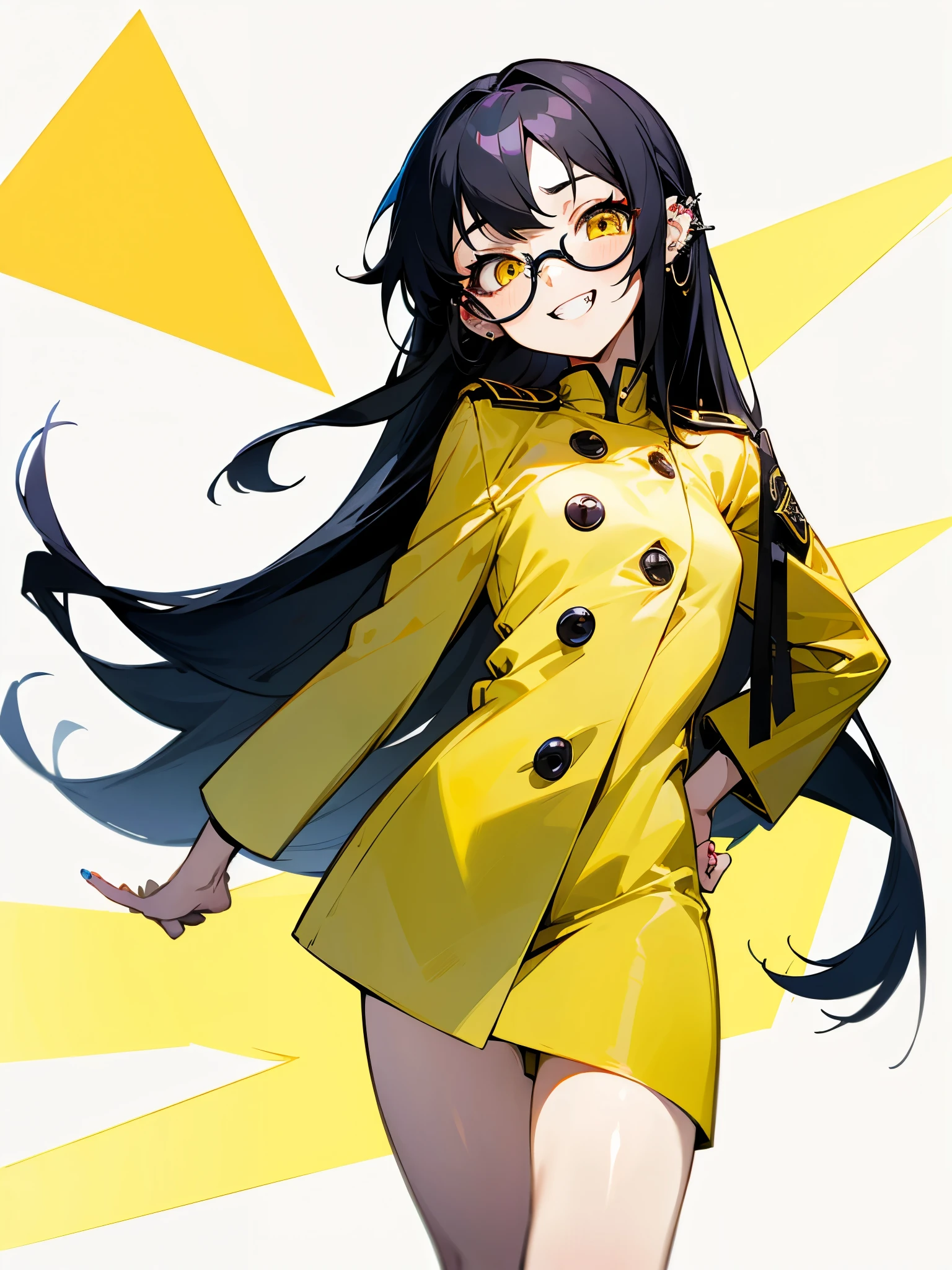 Long Hair、Beautiful girl with black hair and glasses、uniform、、Small breasts、Anime Style、cool、Piercing in one ear、Confused eyes、Yellow Eyes、Participating in a quiz competition、Grinning、Double teeth、Quick-press quiz、Press the button