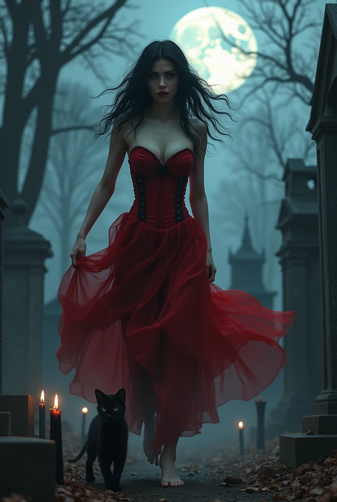 create a realistic photo of a tall woman, Caucasian skin, dressed in a long red dress dragging on the floor black roses embroidered swirling spinning, long wavy black hair, Big black eyes, thin and delicate face, also wearing a red corset, barefoot, standing, , angry frown , on a full moon night background in the dark medieval cemetery with black candles on the floor lit. she is in motion as if she is running and running and, and a black cat accompanying her. white fog around, and a macumba in front on the side. mysterious look.