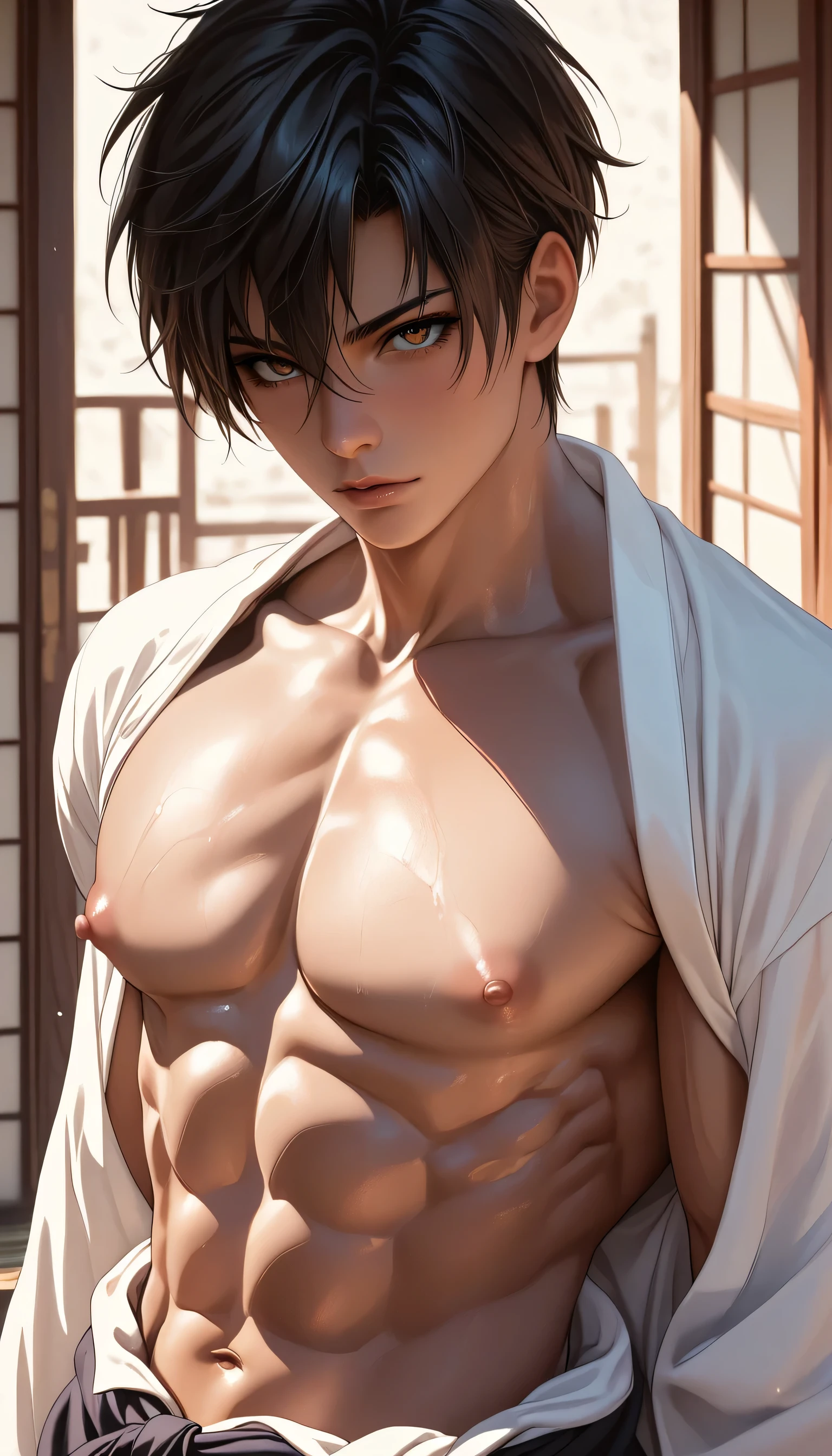 high quality, (japanese 15 y/o boy ), (detailed eyes), (black short hair), (abs), dougi, (dark shiny skin), (detailed puffy nipples), looking at viewer, (upper half of the body),