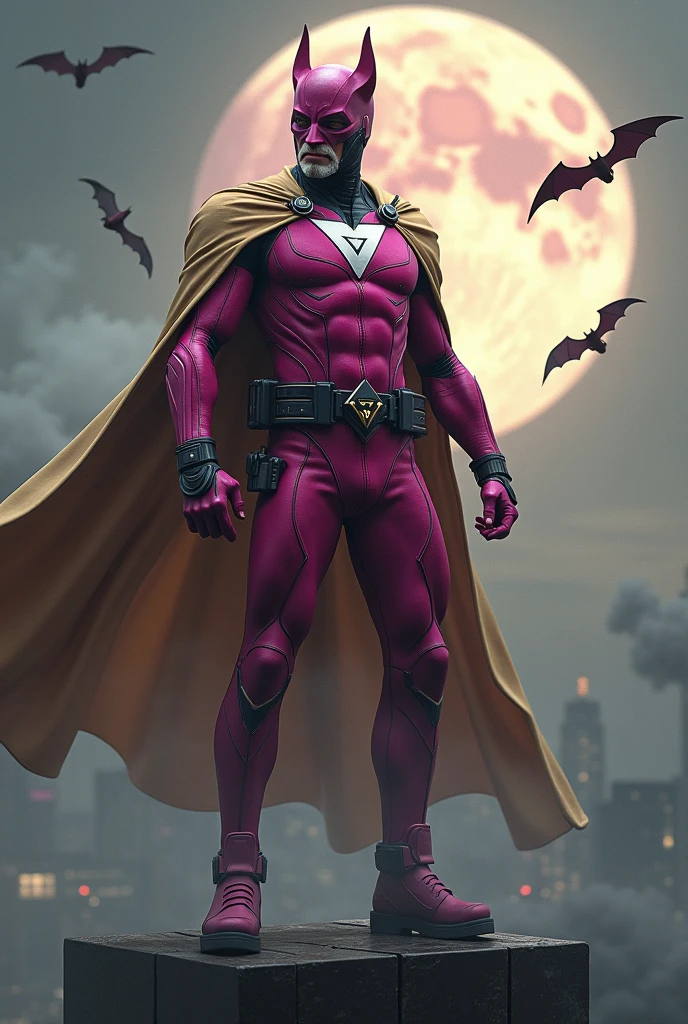 Malaysia man in high-tech suit, vivid effects, malaysian superhero (KELUANG MAN) in a striking pink and beige costume cyberpunk design, mask small mini bat ear beige, daredevil biage mask, jumpsuit dark pink stands confidently in a dramatic.jumping from high place.hero costume. Big triangle logo on the chest. Punisher logo on the chest. Fighting pose , stormy landscape. ((Head covered node guard like batman. Running pose , athletic body type, small mini ear bat mask))The character wears domino mask a helmet with pointed mini torn ears and a flowing cape biege, open nose and mouth. Equipped with visible futuristic weapons on a belt,bullet proof jacket pink dark day.show fingers pose, dark night, big supermoon effect . Small logo on chest triangle shape small punisher logo center triangle cyber logo center on chest pink logo mini logo . rocky. Building top.smoke ground , bomb effect background, losse pants, losses costume.adding to --ar 3:4 --style raw --stylize 500 --v 6.1. chaos. Lot of small flying bat. One leg on the high stone. Man . Real man age 40 year old. One hand holding belt.one hand holding black rope hanging on building