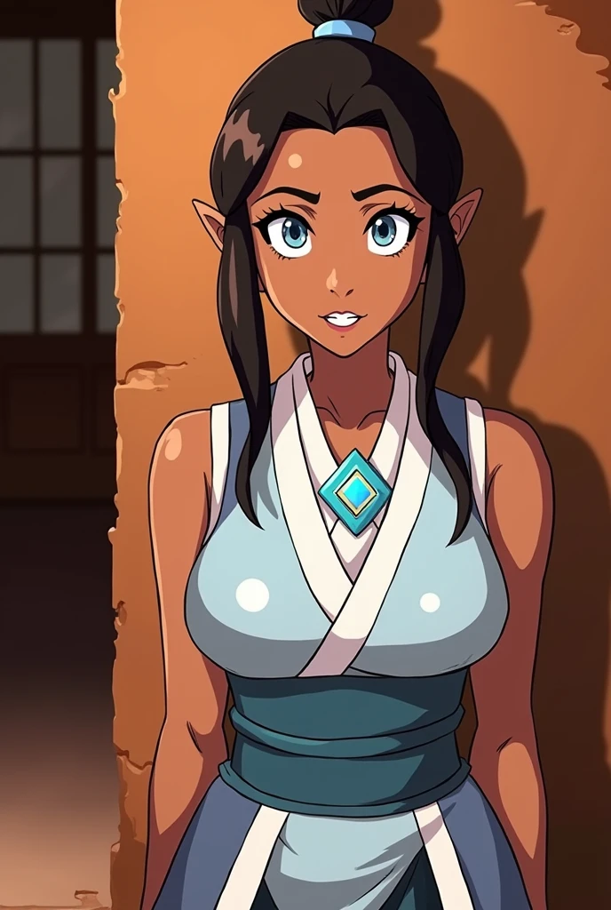 Avatar Korra from "The Legend of Korra" wearing an air nomad robe, black eyeliner around her eyes, light blue lipstick on her lips, hair tied in a bun, anime style, black woman, avatar Korra, dark skin, blue eyes, makeup, blue jewel necklace.