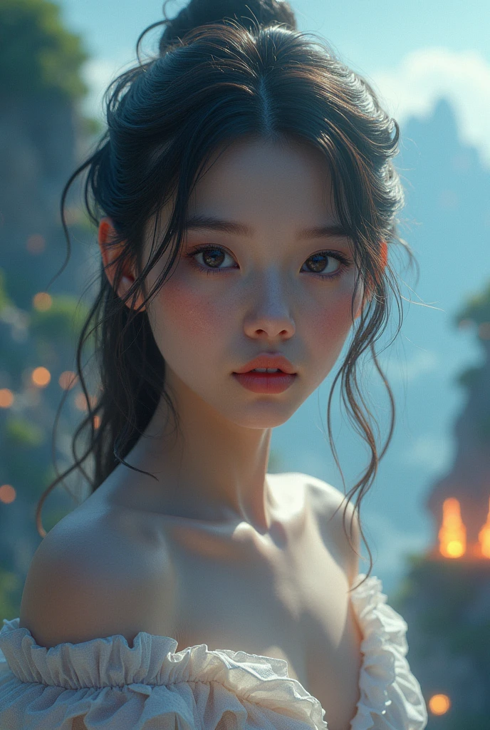 1 girl, beautiful detailed eyes, beautiful detailed lips, extremely detailed face and skin, long eyelashes, intricate hairstyle, elegant dress, cinematic lighting, volumetric fog, fantasy landscape, floating islands, glowing magical crystals, vibrant colors, digital art, photorealistic, octane render, cinematic composition, dramatic lighting, (best quality,8k,masterpiece:1.3),ultra-detailed,(realistic,photorealistic:1.37)