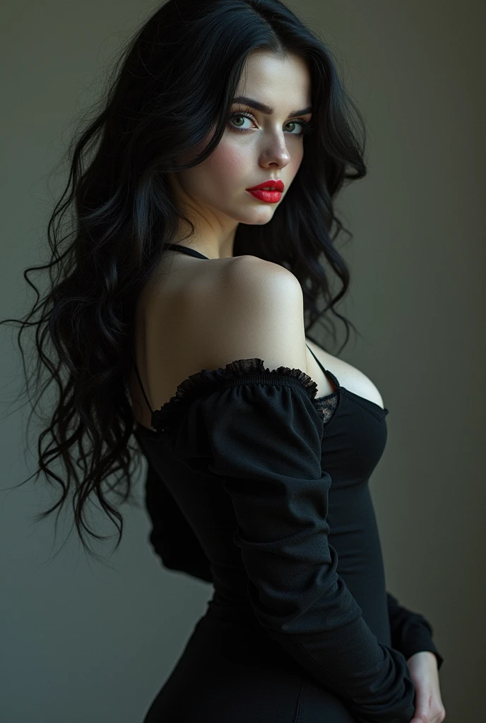 Her skin was white, her eyes were gray and her hair was black, a girl with a corpulent body with a black dress with a large neckline and black heels with red lipstick