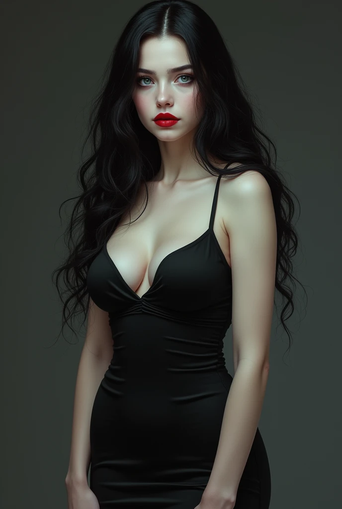 woman, long straight black hair, big bust, red dress, black and white silhouette image, looking at the camera, photorealistic