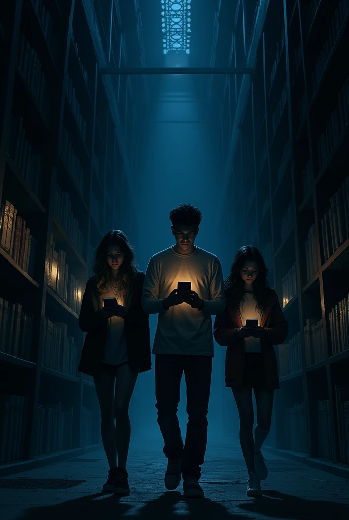 On the night before finals, a campus-wide blackout plunged the university into darkness. In the eerie quiet, with only the flickering light of their phones to guide them, the three friends unexpectedly found themselves together in the university’s library. created this scene