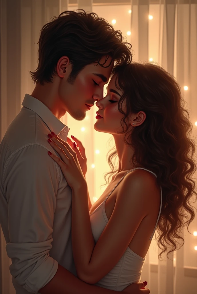A beautiful girl with curly hair kisses a handsome guy with black hair and no beard.
