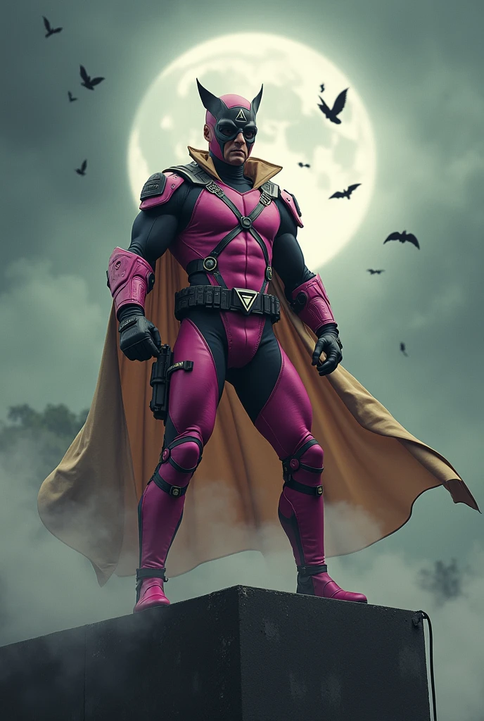 Malaysia man in high-tech suit, vivid effects, malaysian superhero (KELUANG MAN) in a striking pink and beige costume cyberpunk design, mask small mini bat ear beige, daredevil biage mask, jumpsuit dark pink stands confidently in a dramatic.jumping from high place.hero costume. Big triangle logo on the chest. Punisher logo on the chest. Fighting pose , stormy landscape. ((Head covered node guard like batman. Running pose , athletic body type, small mini ear bat mask))The character wears domino mask a helmet with pointed mini torn ears and a flowing cape biege, open nose and mouth. Equipped with visible futuristic weapons on a belt,bullet proof jacket pink dark day.show fingers pose, dark night, big supermoon effect . Small logo on chest triangle shape small punisher logo center triangle cyber logo center on chest pink logo mini logo . rocky. Building top.smoke ground , bomb effect background, losse pants, losses costume.adding to --ar 3:4 --style raw --stylize 500 --v 6.1. chaos. Lot of small flying bat. One leg on the high stone. Man . Real man age 40 year old. One hand holding belt.one hand holding black rope hanging on building