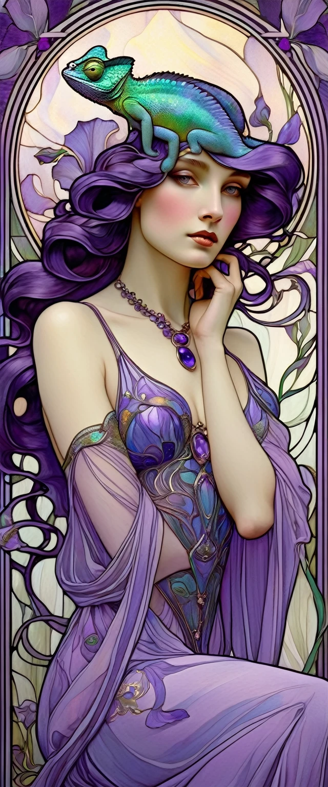 Art Nouveau portrait, beautiful woman, chameleon goddess, amethyst personified, sensual pose, calm pensive gaze. The goddess's dress echoes the colour of purple irises, inspired by Alphonse Mucha.