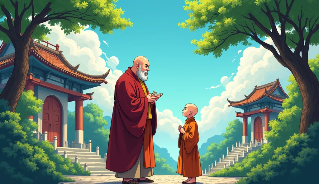 Bald fat monk sensei, Bald monk desciple, talking to each other, surrounded by temples, trees, beautiful scenario, in anime style, colourful, standing,