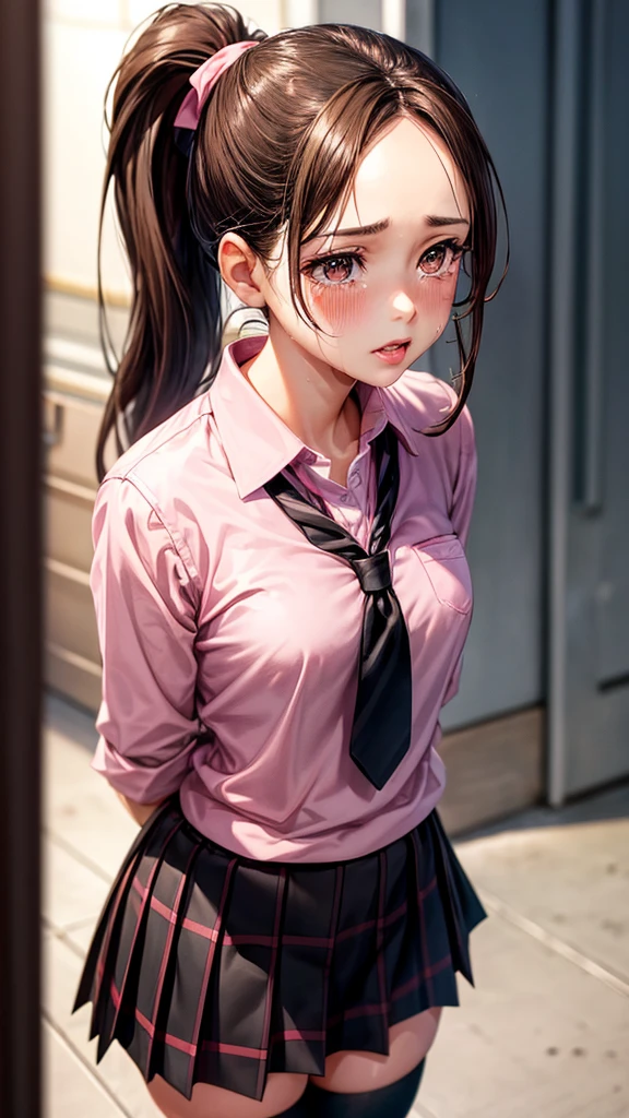 Best Quality,
1 girl,
Crying,
brown hair,
brown eyes,
ponytail,
School uniform,
Pink Collared shirt,
Black checkered short skirt,
black thigh-high socks,
blurry background,
lips,
forehead,
realistic,
nose,