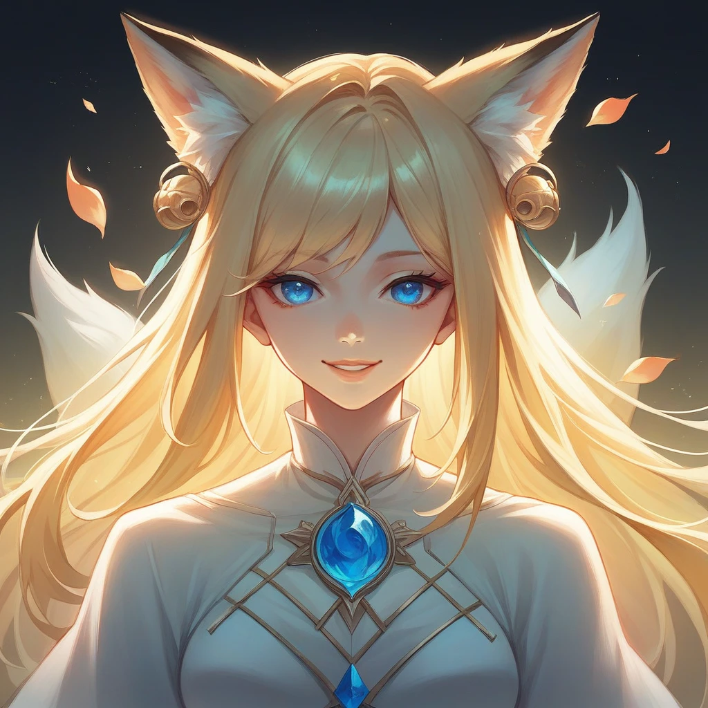 blonde long hair, blue eyes, smiling, beautiful detailed eyes, beautiful detailed lips, extremely detailed face, 1girl, animal ears, fox ears, kitsune, digital painting, highly detailed, intricate details, cinematic lighting, vibrant colors, Anime, 8k, best quality, (masterpiece:1.2)