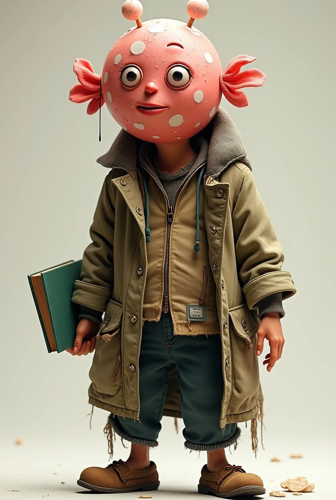 draw a homeless man with torn clothes, a candy face with no eyes or anything and a book in his hand, make it animated
