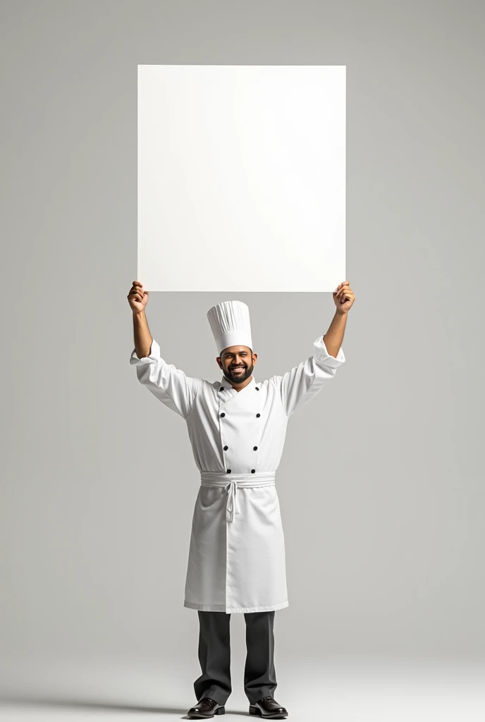 A very great French chef with his headdress, qui brandit une pancarte blanche vers le haut