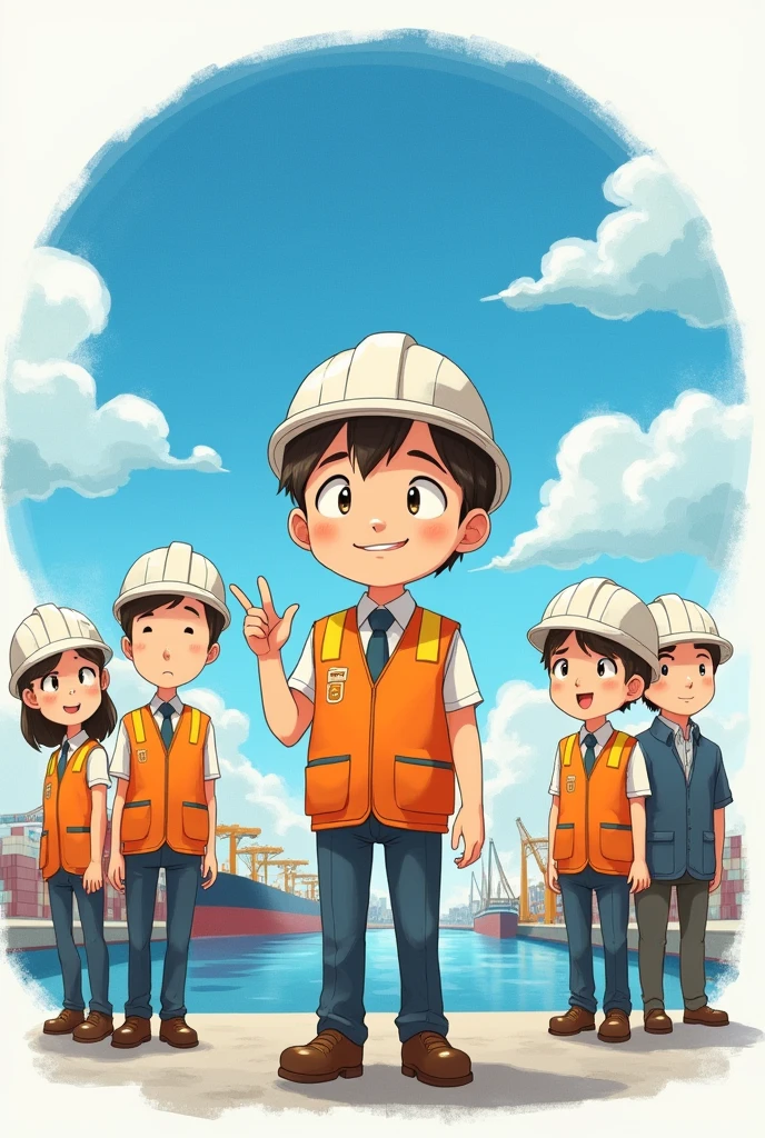 Hello, I want a picture of a cute international businessman, young, Happy and smiling,with big eyes and short hair, Studio Ghibli themed. In the background there is a blue circular watercolor with clouds, the port in the background and a text above that says International business. More animated in Ghibli drawing format and with an orange safety vest and white helmet, and he is speaking in full body with 5 of his coworkers at the port