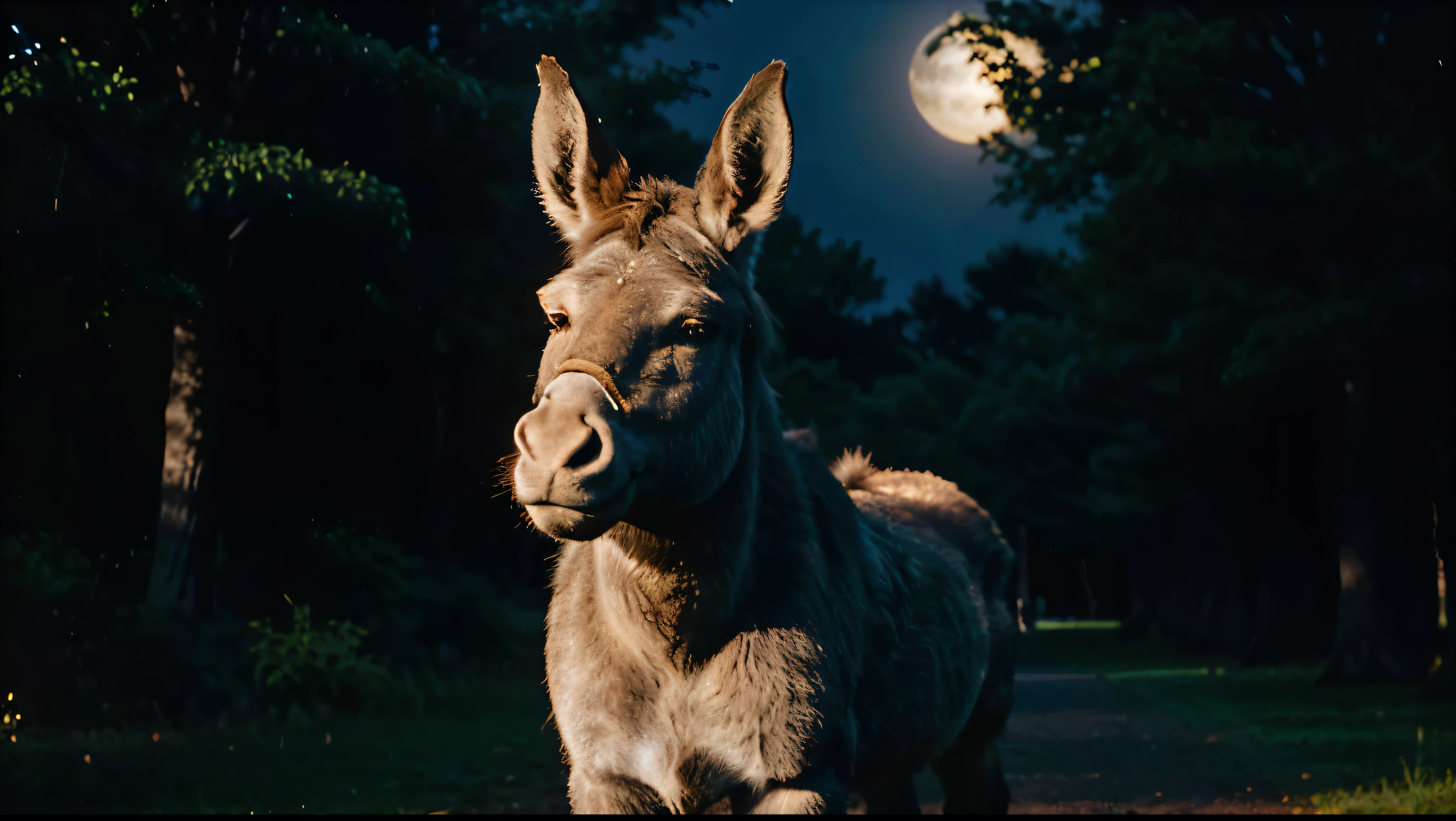 DVD screengrab, from 1967 film, a full body lifelike donkey "Donkey - Shrek's loyal and talkative sidekick" with large expressive eyes stands in a dimly lit park at night. His fur is a soft gray, slightly ruffled, with long ears perked up attentively. The donkey's face bears an almost human-like grin, showing teeth. Moonlight filters through the trees, casting faint shadows across his form. The background is dark with silhouettes of trees and bushes barely visible. A gentle breeze seems to ruffle the donkey's mane. His posture suggests he's mid-conversation, head tilted slightly as if listening or about to speak. The overall style is a DVD screengrab, from 1982 grainy film, low lighting. --ar 1:1
