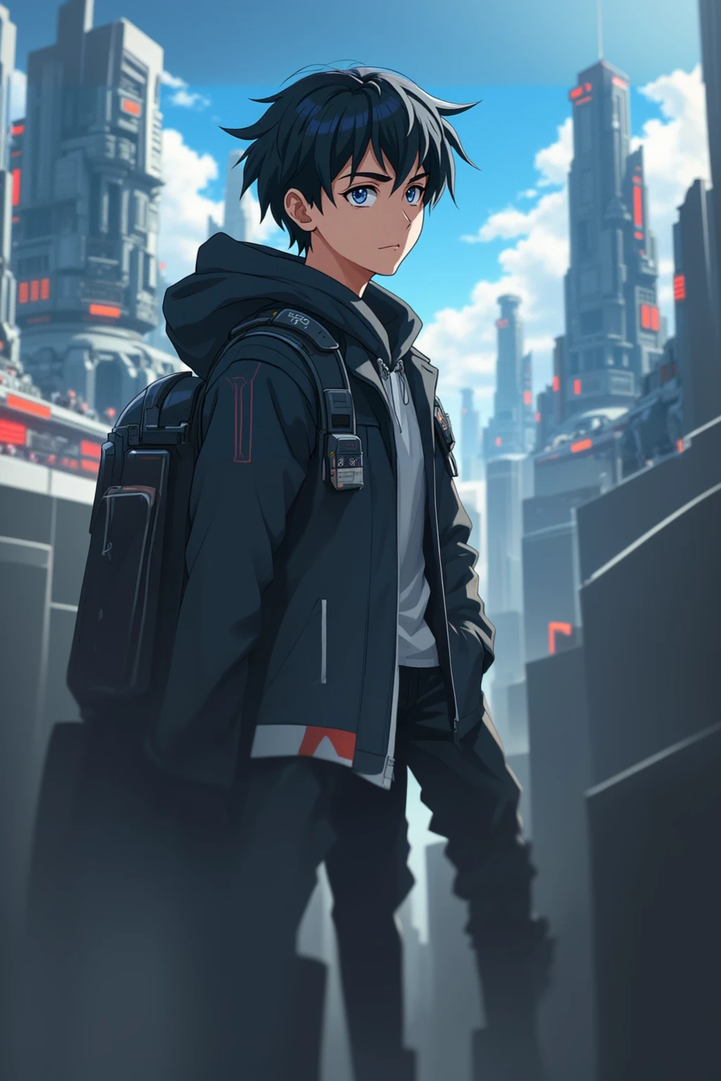 anime character in a futuristic city with a futuristic skyline in the background, Makoto Shinkai ( legends of the apex ), young animated, Kirito, male anime character, modern science fiction anime, Makoto Shinkai and bioware, anime boy alto con ojos azules, 4K anime style, handsome anime man, anime boy, science fiction anime, science fiction anime, correct ???????