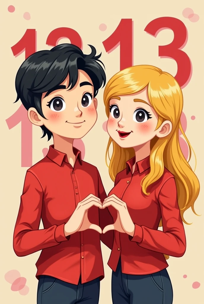 Create a mascot for WhatsApp profile pictures that will symbolize an I.In the colors red and yellow, called 13zinho, which symbolizes a person, a candidate for mayor. The image must represent 2 young people, be it a man with short hair and a young blonde woman, Disney Pixar style. With 13 behind the image, the blouse must be red and the image behind the 13 must also be red. Have 13 on the blouse and 13 behind so that it is more visible. Make your hands come together and make the heart symbol.