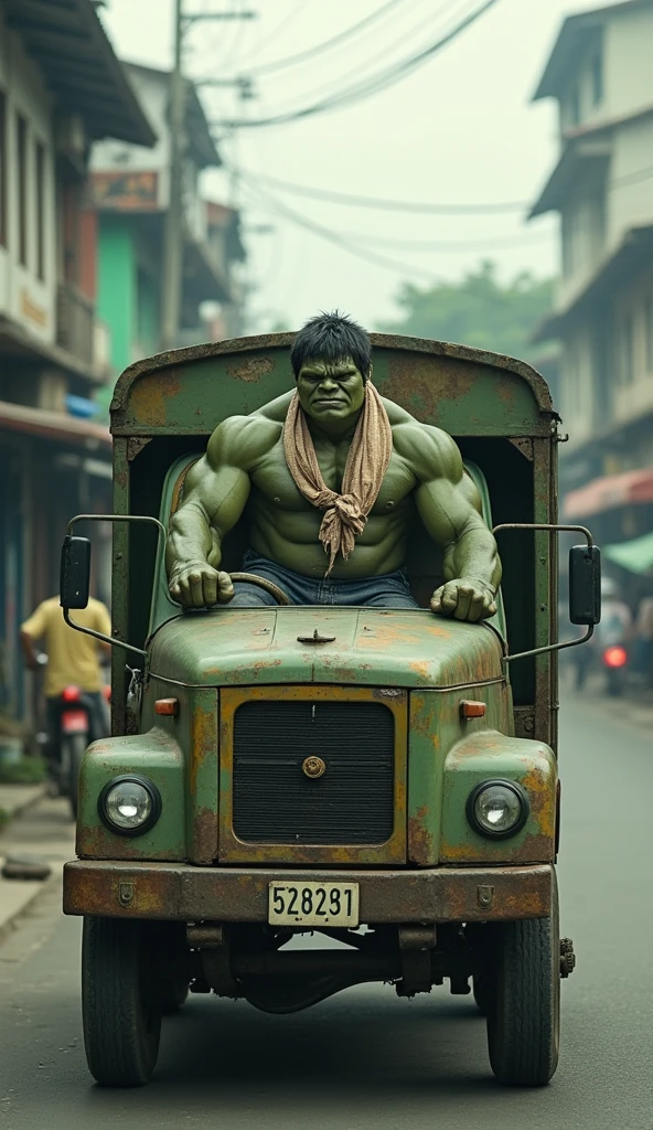 photo of Hulk as Indonesian People, wearing shabby towel in neck, Driving a truck inside a Indonesian typical truck, background Indonesian street, setting years 1990, overcast light, film grain, nostalgic mood