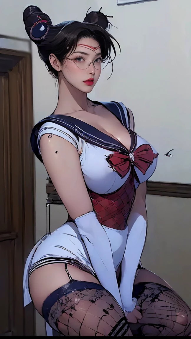 ((best quality)),(Ultra-high resolution),(Very detailed),(Detailed description),((Best CG)),(masterpiece),Highly detailed art,Amazing Art,(Contemporary art with precise details:1.5),Character Design Sheet, , character reference sheet, character turn around,
Blueprint Schematic Drawing, , technical drawing, , schematic，(Sailor Suit:1.5),( Sailor Moon:1.5)，(sailor moon:1.6)(Beautiful face:1.6),(syringe:1.5),(Cleavage:1.6),(Lace bra:1.6),(Royal sister:1.6)(Female fashion models:1.6),(beautiful and well-proportioned face:1.5),(wear glasses:1.6)(Fashion Leader:1.6),(Powerful gaze:1.4),(Short skirt:1.6)(tie:1.3),(Extra large breasts:1.9)，(big breast:1.9),(White:1.5)，(tie:1.5)(White Thong:1.6),(Red pleated skirt:1.4)，(camel toe:1.6),White thighs，(bionde:1.6)，(double bun:1.6),Long legs，Tall，White garter stockings，Red high heels，(g-string:1.5)，( garter straps garter belt:1.3),(torn fishnet stocking:1.5),White background