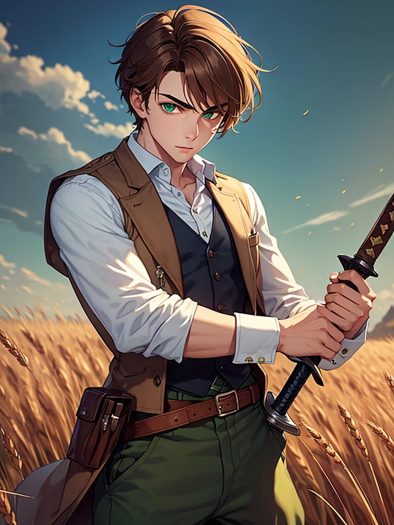 ((Highest quality)), ((masterpiece)), (detailed)、A young man with brown hair and green eyes stands holding a sword、The background is a wheat field