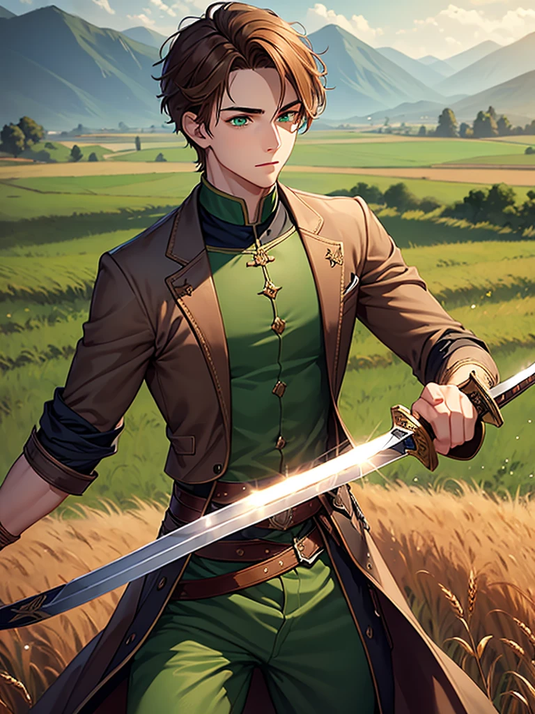 ((Highest quality)), ((masterpiece)), (detailed)、A young man with brown hair and green eyes stands holding a sword、The background is a wheat field