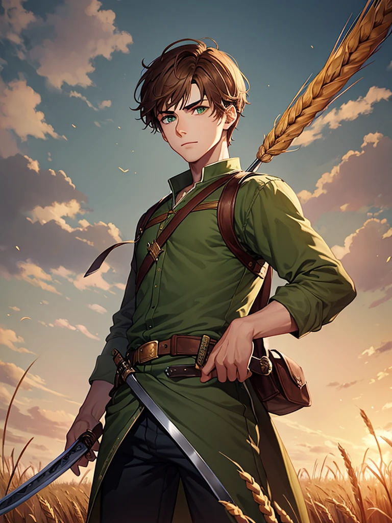 ((Highest quality)), ((masterpiece)), (detailed)、A young man with brown hair and green eyes stands holding a sword、The background is a wheat field