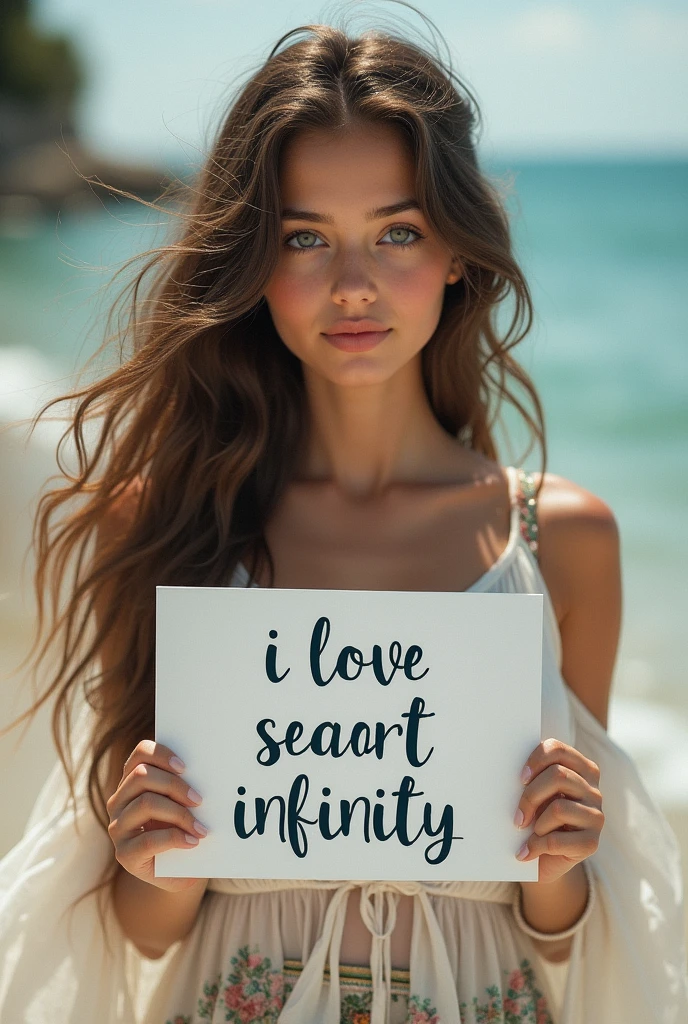 Beautiful girl with wavy long hair, bohemian dress, holding a white board with text "I Love Seaart Infinity" and showing it to the viewer