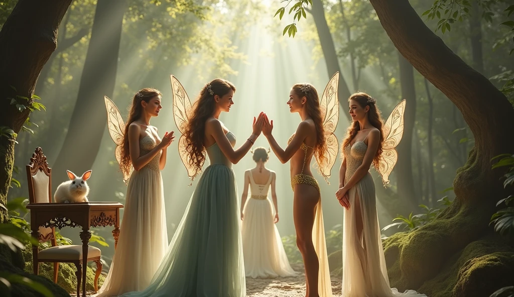 "A full-body shot of a realistic fairytale scene in a magical palace in a beautiful magical forrest, bathed in sunlighting."Beautiful pastel colour pallette." "A fairy queen 1 with realistic striking big blue eyes with eye makeup and a serious, direct gaze at the camera with golden extra long hair." " A Fairy queen 2 with golden-brown long curly hair in a thin light blue dress is standing by clapping her hands, looking at fairy queen1 smiling with her perfect shaped pearly white teeth and pursed lips". "Singing fairy princess with a long white hair in a sheer golden wet transparent dress outfit, big breasts, thin waist, big butt, looks provocative with her mouth almost sedusive at fairy queen 2 laughing." Fairy queen 4"((doing hand stand ))with both hands on floor, wearing a thin blue/green dress" "Her gold delicade fairy-crown, is hanging by the ends of her hair""The lighting is natural and bright, highlighting their features and casting a soft glow around their hair, creating a high-contrast effect that emphasizes the subject's presence. " "Elf king is sitting on a royal chair in a elfie chlothes." "A white rapid sits in on a decorative dining table1:1" "while a rainbow colored bird perches on the top of the thin royal thrown". The scene includes a messy fairy queens in a beautiful and magical forrest palace. "The vast environment paints a magical but weird admosphere". # Configuration settings clip_guidance_scale = 20 # High adherence to the detailed prompt, emphasizing facial features hr_scale = 2.0 # High resolution to capture intricate details in the hair and face. hr scale =2.0 # Perfect human female body. Best hands 1:1, super realistic hair 1:1, hyper realistic eyes 1:1, extra detailed delicate moist skin, most detaled and realistic face 1:1. #A realistic stage with thorough details and clear focus on the queens.