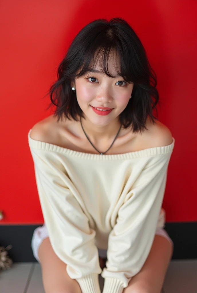 No trespassing poster, "Attention Too Many Cute Girls, DO NOT ENTER", On Photo-Picture of Professional photo-realistic images, (red background), (No bra and wearing a loose white pullover) A cute Japanese woman with fluffy short hair 20 years old, she is crouching, leaning forward, and placing her hands on her knees. the pullover collar is dangle down from chest, her breasts and nipples are glimpse from the gap, She looks at me and blushes with a shy smile.　Composition from directly above, nsfw,