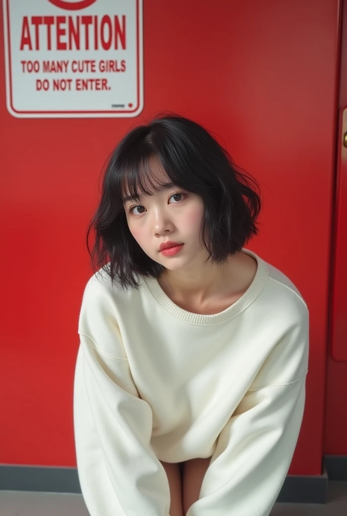 No trespassing poster, "Attention Too Many Cute Girls, DO NOT ENTER", On Photo-Picture of Professional photo-realistic images, (red background), (No bra and wearing a loose white pullover) A cute Japanese woman with fluffy short hair 20 years old, she is crouching, leaning forward, and placing her hands on her knees. the pullover collar is dangle down from chest, her breasts and nipples are glimpse from the gap, She looks at me and blushes with a shy smile. Composition from directly above, nsfw,