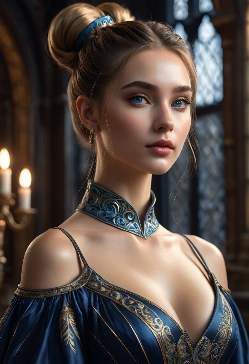 A woman, she has elf ears, long golden brown hair in a neat bun, (((a woman with hair in a neat bun 1.7)))(((very beautiful))), perfect faces, she is in a dark castle, cool palette, body-conscious long black dress with a high collar, gray blue eyes, 8K, slim body, extremely detailed, (high quality, realistic, photorealistic: 1.37), ideal proportions and defined skin, meticulously crafted features, unapproachable beauty, perfection, artistic art, vivid realism, hyper-detailed sculpting, realistic shapes, truly awe-inspiring, impeccable craftsmanship, pure brilliance, ethereal beauty, delicate contours, striking poses, sublime beauty, subtle nuances, dynamic compositions, vibrant colors, perfect lighting, moving expressions, heavenly aura, majestic presence, dreamlike atmosphere, unmatched detailed octane rendering trend on artstation, artistic photography 8k, photorealistic concept art, natural light soft cinematic volumetric, chiaroscuro, award-winning photography, fine art, oil on canvas, beautiful, detailed, intricate, insane