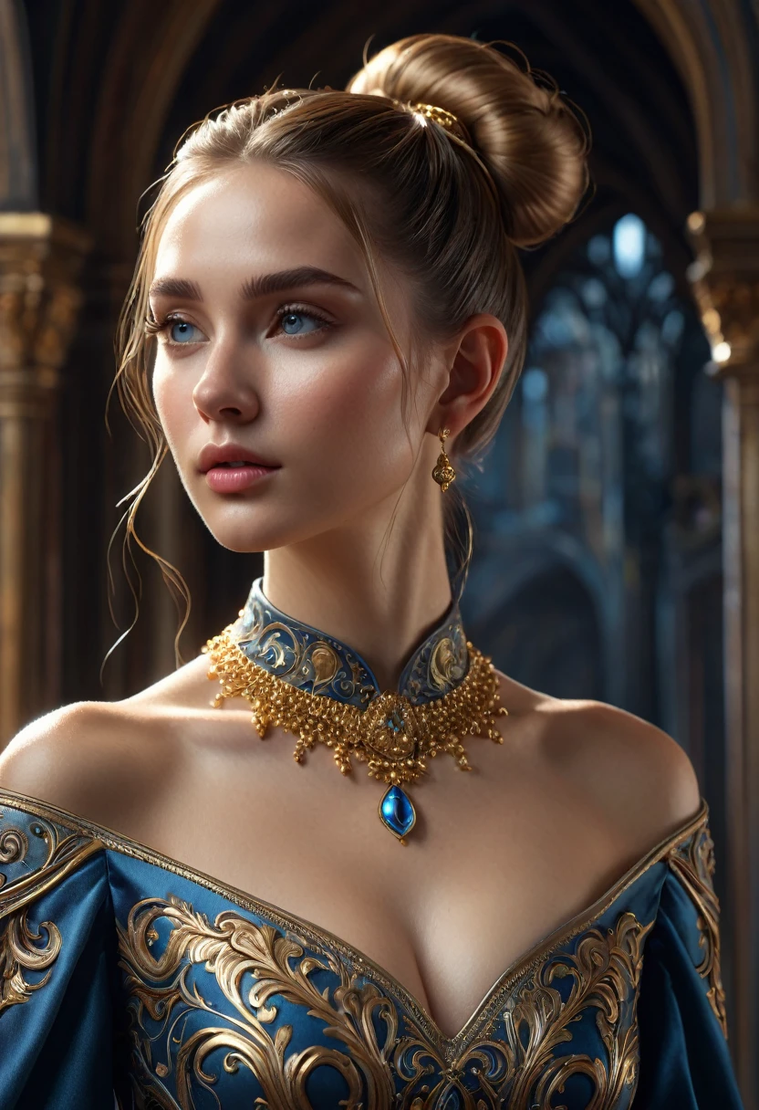 A woman, she has elf ears, long golden brown hair in a neat bun, (((a woman with hair in a neat bun 1.7)))(((very beautiful))), perfect faces, she is in a dark castle, cool palette, body-conscious long black dress with a high collar, gray blue eyes, 8K, slim body, extremely detailed, (high quality, realistic, photorealistic: 1.37), ideal proportions and defined skin, meticulously crafted features, unapproachable beauty, perfection, artistic art, vivid realism, hyper-detailed sculpting, realistic shapes, truly awe-inspiring, impeccable craftsmanship, pure brilliance, ethereal beauty, delicate contours, striking poses, sublime beauty, subtle nuances, dynamic compositions, vibrant colors, perfect lighting, moving expressions, heavenly aura, majestic presence, dreamlike atmosphere, unmatched detailed octane rendering trend on artstation, artistic photography 8k, photorealistic concept art, natural light soft cinematic volumetric, chiaroscuro, award-winning photography, fine art, oil on canvas, beautiful, detailed, intricate, insane