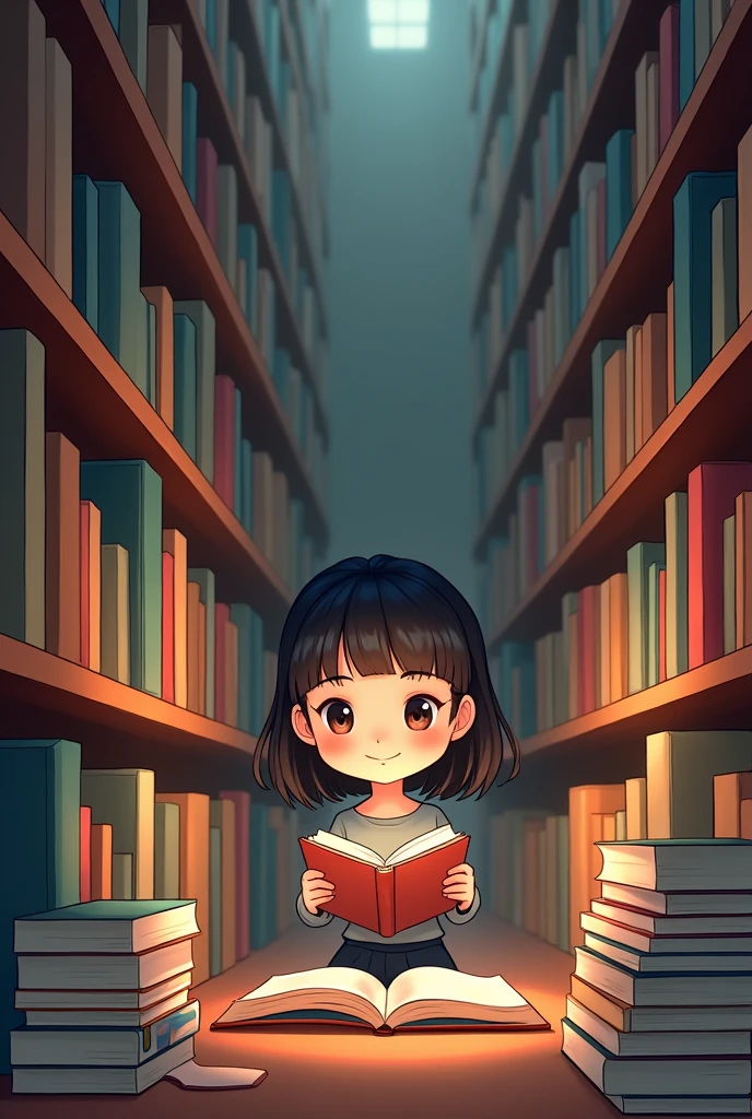 “A young woman sitting in a library, deeply engrossed in a book. The library has bookshelves filled with books, soft lighting, and a cozy atmosphere.
chibi, cartoon, bookshelf background, ratio for youtube channel cover photo, 2048 and 1158 pixels, high quality”