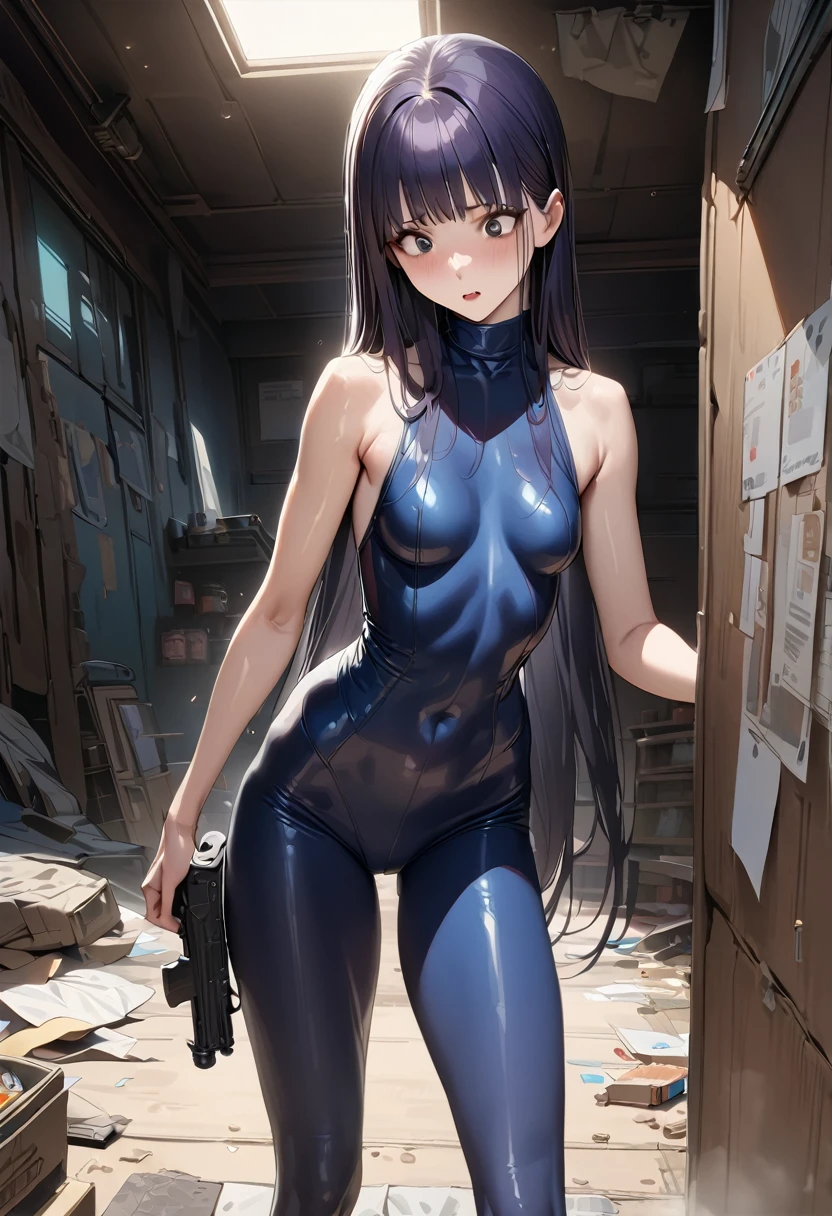 Action Scenes、((masterpiece,best quality anime,Highest quality:1.3)),realistic,cowboy shot,1woman,独奏,(30 year old beauty),((very small head:1.4)),((very long body:1.4)),(dark blue hair),straight long hair,(gorgeous big eyes),black eyes,((slender body:1.4,skinny)),medium breasts,dark blue turtleneck sleeveless,leotard,black headphone,oily skin:1.2,gleaming skin,shiny skin, on road、holding gun,submachine gun、(Firing stance)、Collapsed Buildings、Cyberpunk World、