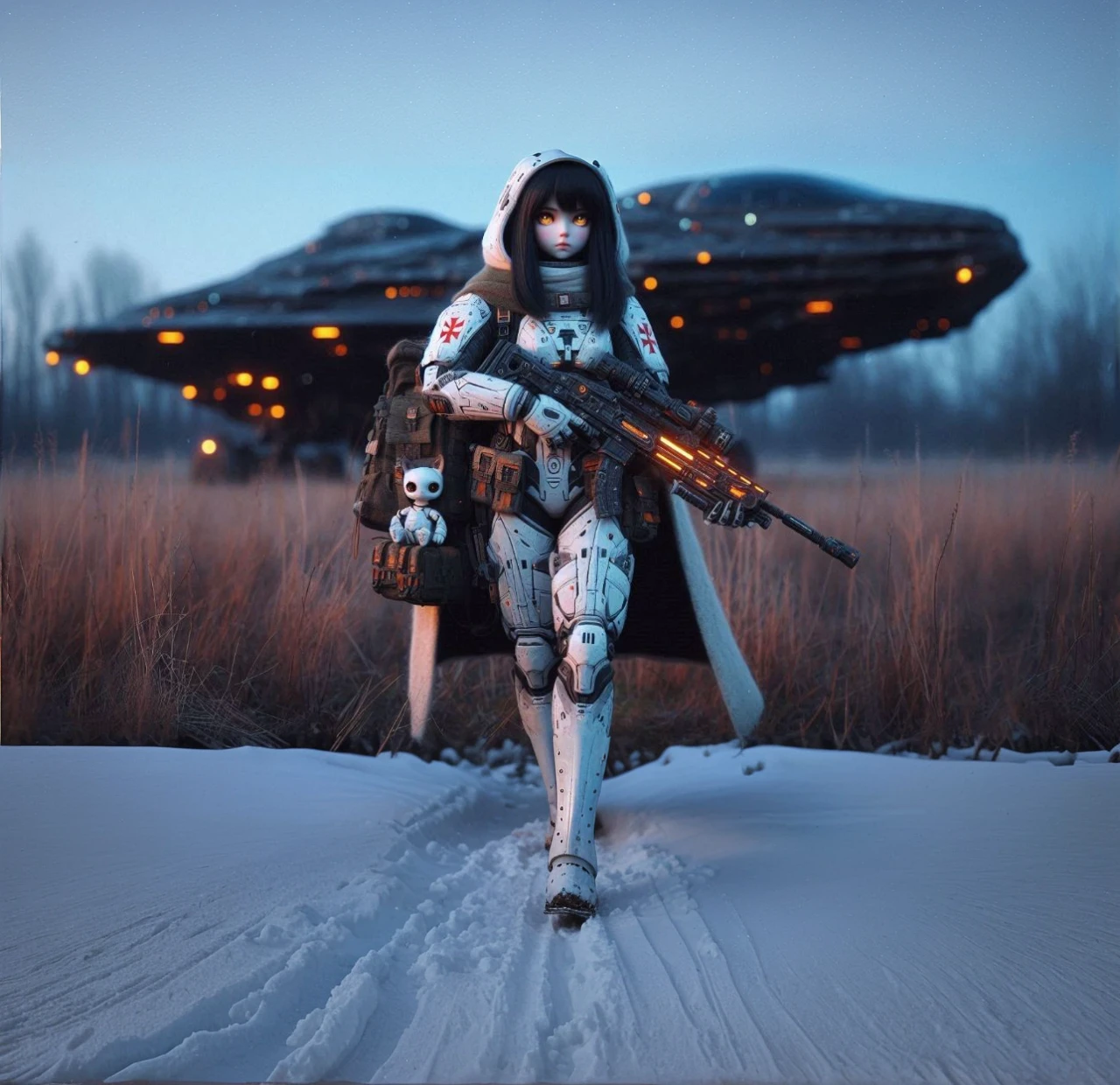 Walking on the snow, wears white armor boote
