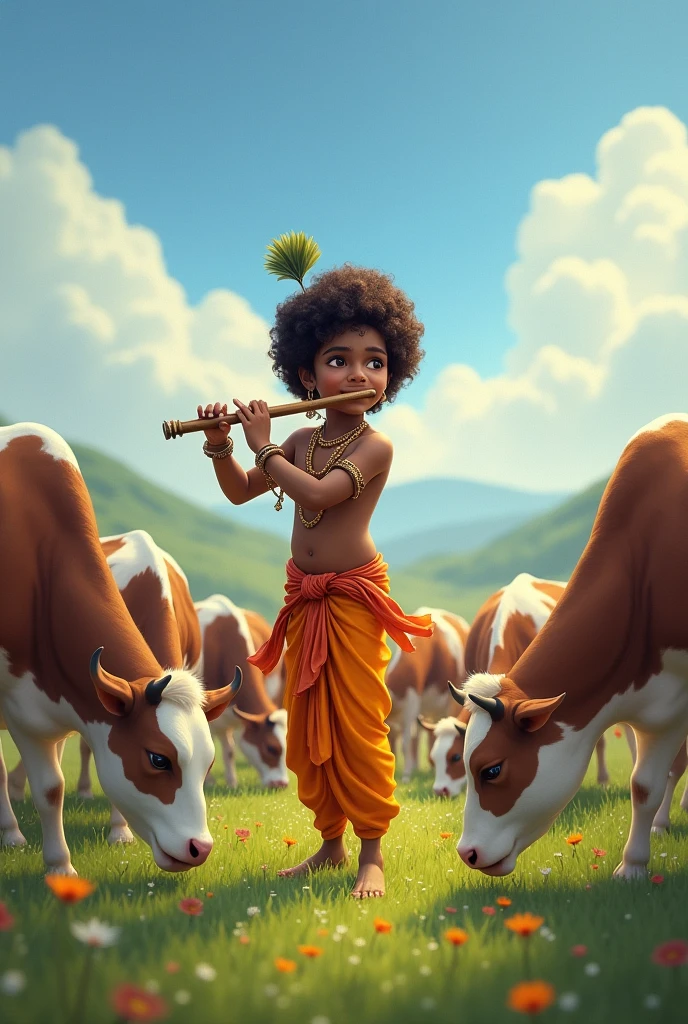 Little krishna playing flute. He is sorrounded by cows.