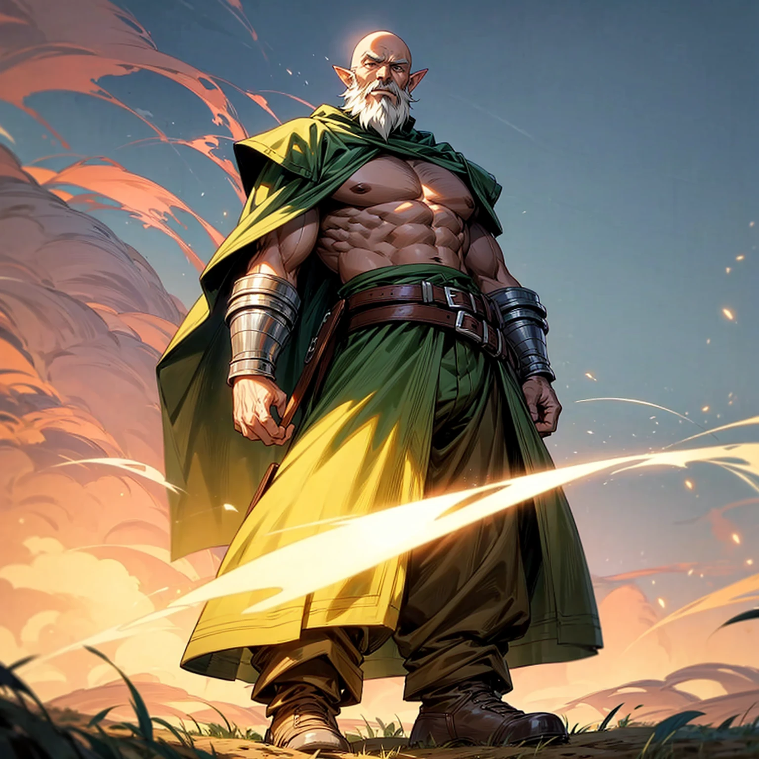 Solo character, full body version, old man, long chin beard, tall height, big man, largest muscle, (elf), green eyes, brown color hair, bald hair, topless, blue long pants, belt, boots, outdoor, field, Greenland, fire effect, smoke effect, medieval, standing gesture, detailed background, detailed clothing, detailed hair, armor arm, Bleach style art), black Coat