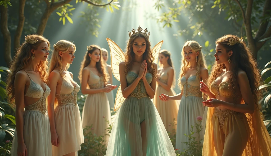 "A full-body shot of a realistic fairytale scene in a magical palace in a beautiful magical forrest, bathed in sunlighting."Beautiful pastel colour pallette." "A fairy queen 1 with realistic striking big blue eyes with eye makeup and a serious, direct gaze at the camera with golden extra long hair." " A Fairy queen 2 with golden-brown long curly hair in a thin light blue dress is standing by clapping her hands, looking at fairy queen1 smiling with her perfect shaped pearly white teeth and pursed lips". "Singing fairy princess with a long white hair in a sheer golden wet transparent dress outfit, big breasts, thin waist, big butt, looks provocative with her mouth almost sedusive at fairy queen 2 laughing." Fairy queen 4"((doing hand stand ))with both hands on floor, wearing a thin blue/green dress" "Her gold delicade fairy-crown, is hanging by the ends of her hair""The lighting is natural and bright, highlighting their features and casting a soft glow around their hair, creating a high-contrast effect that emphasizes the subject's presence. " "Elf king is sitting on a royal chair in a elfie chlothes." "A white rapid sits in on a decorative dining table1:1" "while a rainbow colored bird perches on the top of the thin royal thrown". The scene includes a messy fairy queens in a beautiful and magical forrest palace. "The vast environment paints a magical but weird admosphere". # Configuration settings clip_guidance_scale = 20 # High adherence to the detailed prompt, emphasizing facial features hr_scale = 2.0 # High resolution to capture intricate details in the hair and face. hr scale =2.0 # Perfect human female body. Best hands 1:1, super realistic hair 1:1, hyper realistic eyes 1:1, extra detailed delicate moist skin, most detaled and realistic face 1:1. #A realistic stage with thorough details and clear focus on the queens.