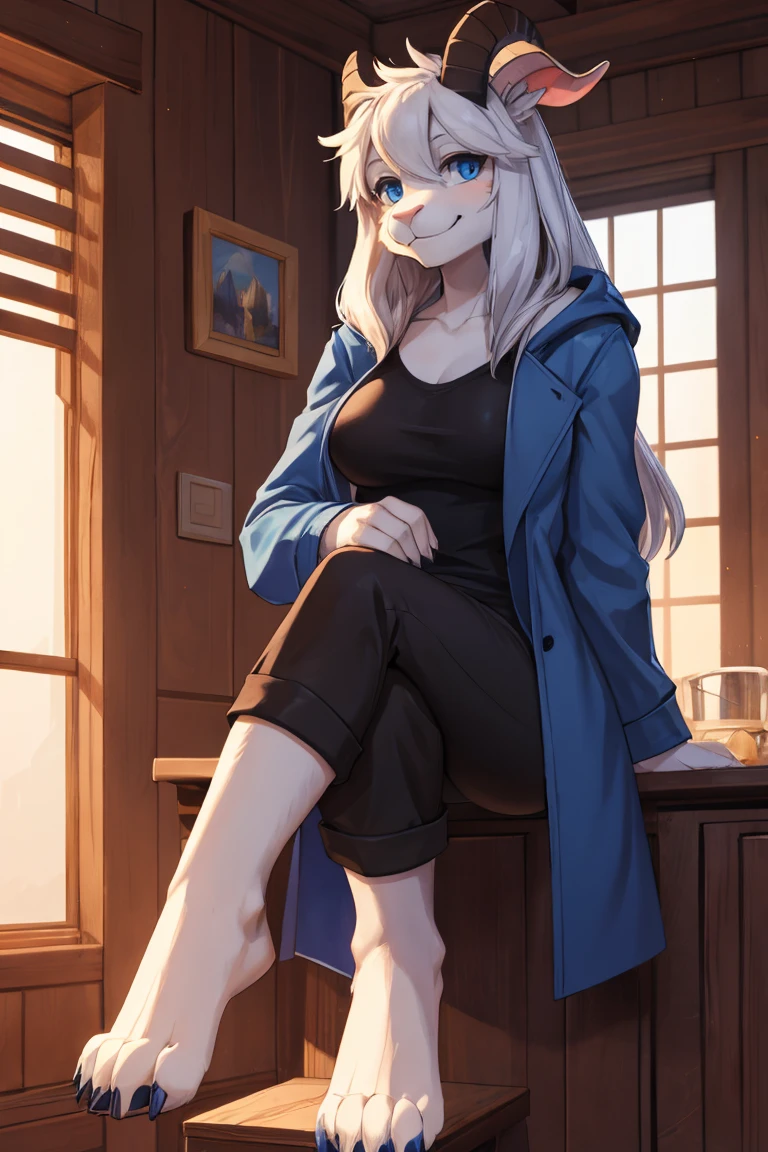 woman, alone, in a house, furry, Goat, anthropomorphic goat, Asriel, Undertale, medium breasts, big ass, medium wide hips, perfect body, tall, long hair, blue eyes, anthro face, cartoon, smile, blue coat, black t-shirt, brown pants, looking at the viewer, bare feet, anthro feet, detailed, best quality, Best detail, details and quality.