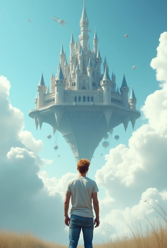 A cinematic medium shot of a man with reddish-blonde hair wearing a t-shirt and jeans. He is standing between fluffy white clouds and looking at a beautiful, magnificent flying fantasy castle with intricate details. The castle is floating in the air above the clouds and has small towers flying around it. The background is a clear blue sky. The castle has a heptagonal symmetrical shape, the corner towers are connected to the central part by galleries and passages. The castle is both a defensive structure and a masterpiece of architecture. It has a futuristic look, but at the same time fantasy fairy tale outlines.