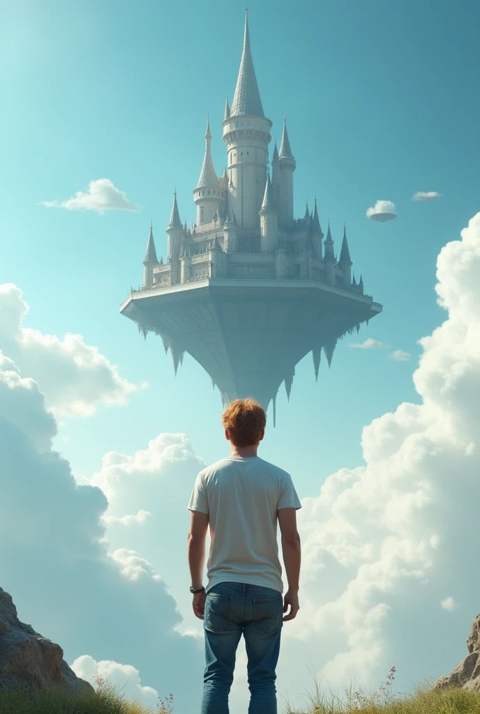 A cinematic medium shot of a man with reddish-blonde hair wearing a t-shirt and jeans. He is standing between fluffy white clouds and looking at a beautiful, magnificent flying fantasy castle with intricate details. The castle is floating in the air above the clouds and has small towers flying around it. The background is a clear blue sky. The castle has a heptagonal symmetrical shape, the corner towers are connected to the central part by galleries and passages. The castle is both a defensive structure and a masterpiece of architecture. It has a futuristic look, but at the same time fantasy fairy tale outlines.